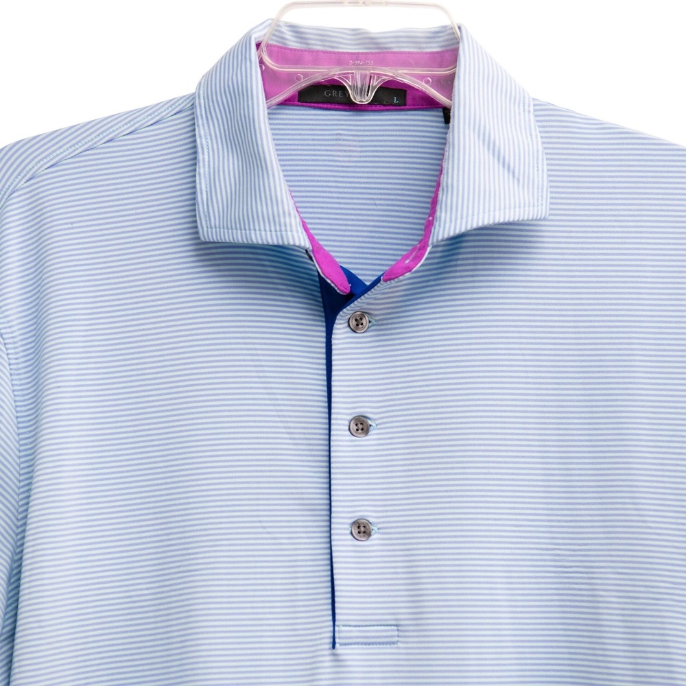 Greyson Golf Polo Sz L Blue Micro‎ Stripe Performance Athleisure Luxury GolfCore